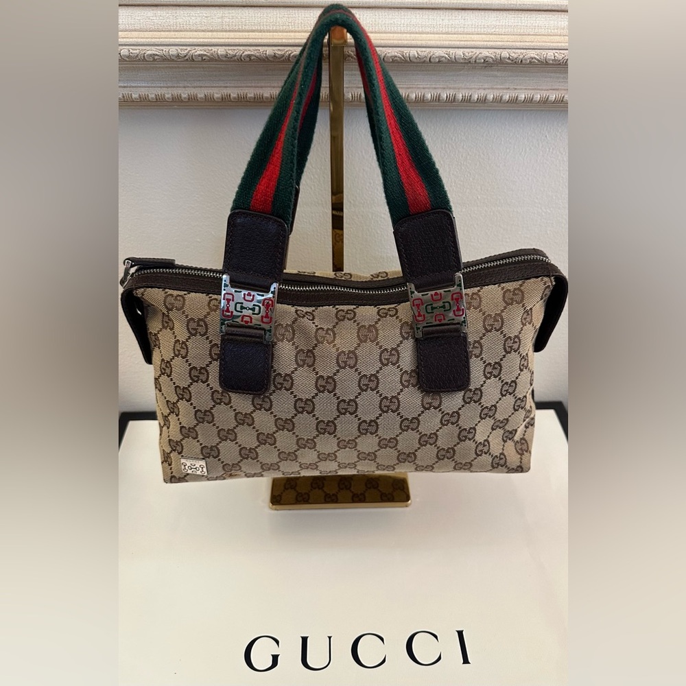 Gucci Beige GG Canvas Tote with Green and Red Striped Handles